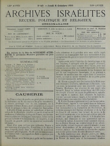 Archives israélites de France. Vol.53 N°40 (06 oct. 1892)