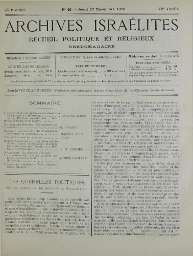 Archives israélites de France. Vol.57 N°46 (12 nov. 1896)