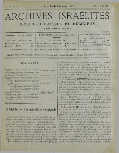 Archives israélites de France. Vol.58 N°01 (07 janv. 1897)