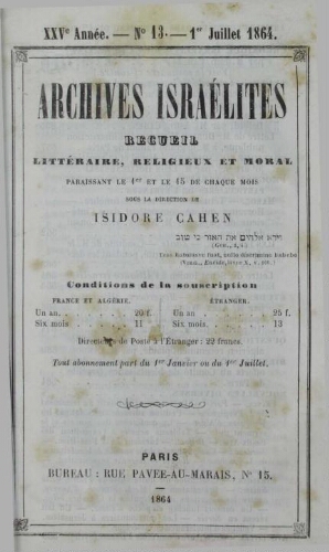 Archives israélites de France. Vol.25 N°13 (01 juil. 1864)
