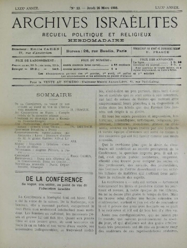 Archives israélites de France. Vol.69 N°13 (26 mars 1908)