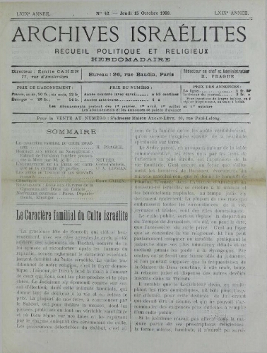 Archives israélites de France. Vol.69 N°42 (15 oct. 1908)