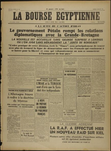 La Bourse égyptienne : Ed. du Caire  Vol.37 N°168 (06 juil. 1940)