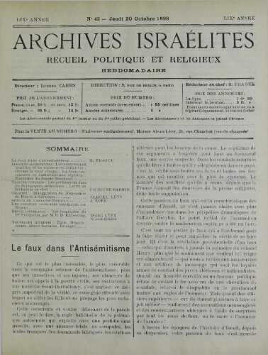 Archives israélites de France. Vol.59 N°42 (20 oct. 1898)