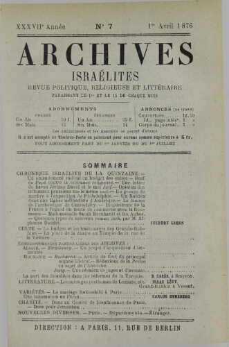 Archives israélites de France. Vol.37 N°07 (01 avr. 1876)