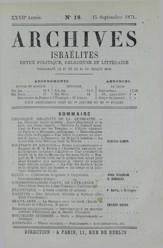 Archives israélites de France. Vol.32 N°18 (15 sept. 1871)