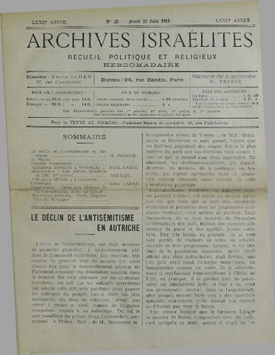 Archives israélites de France. Vol.72 N°25 (22 juin 1911)