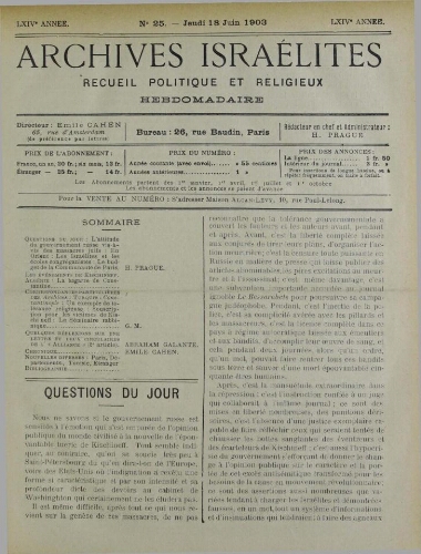 Archives israélites de France. Vol.64 N°25 (18 juin 1903)