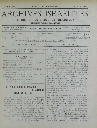 Archives israélites de France. Vol.73 N°40 (03 oct. 1912)