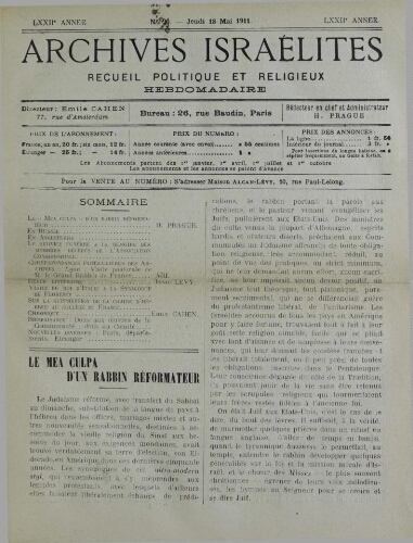 Archives israélites de France. Vol.72 N°20 (18 mai 1911)