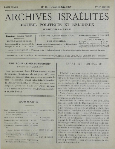 Archives israélites de France. Vol.58 N°22 (03 juin 1897)