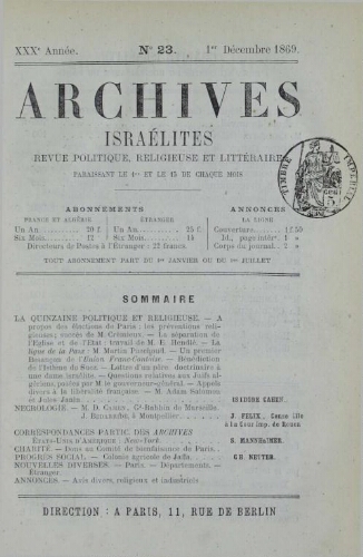 Archives israélites de France. Vol.30 N°23 (01 déc. 1869)