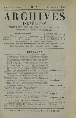 Archives israélites de France. Vol.37 N°03 (01 févr. 1876)