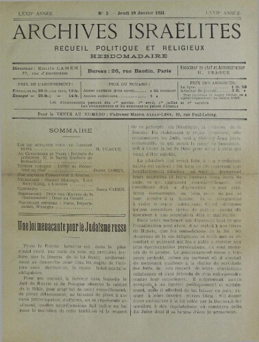 Archives israélites de France. Vol.72 N°03 (19 janv. 1911)