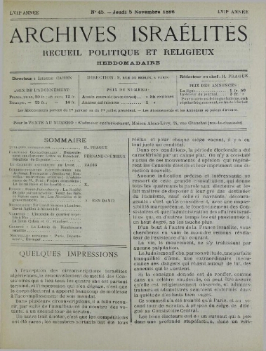 Archives israélites de France. Vol.57 N°45 (05 nov. 1896)