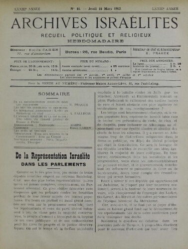 Archives israélites de France. Vol.73 N°11 (14 mars 1912)