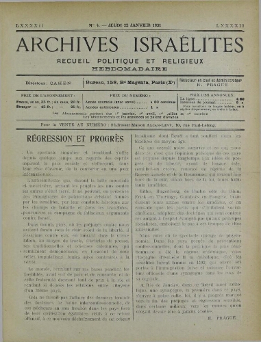 Archives israélites de France. Vol.92 N°04 (22 janv. 1931)