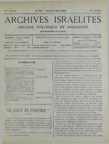 Archives israélites de France. Vol.59 N°34 (25 août 1898)