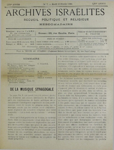 Archives israélites de France. Vol.65 N°07 (18 févr. 1904)