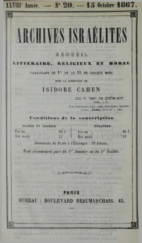 Archives israélites de France. Vol.28 N°20 (15 oct. 1867)