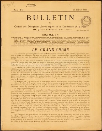 Bulletin du Comité des délégations juives auprès de la Conférence de la paix N°10 (23/01/1920)