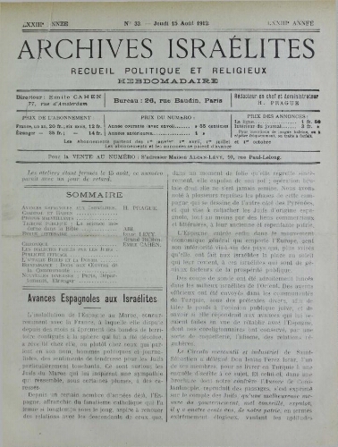 Archives israélites de France. Vol.73 N°33 (15 août 1912)