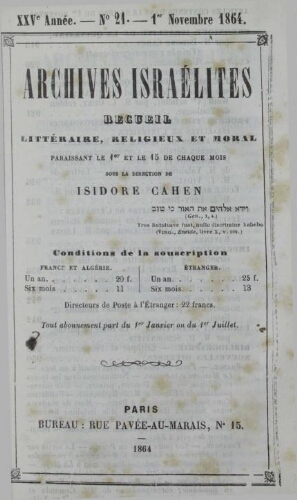 Archives israélites de France. Vol.25 N°21 (01 nov. 1864)