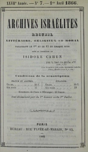 Archives israélites de France. Vol.27 N°07 (01 avr. 1866)