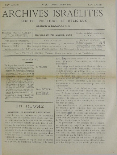 Archives israélites de France. Vol.65 N°28 (14 juil. 1904)