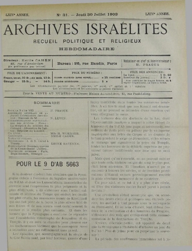 Archives israélites de France. Vol.64 N°31 (30 juil. 1903)