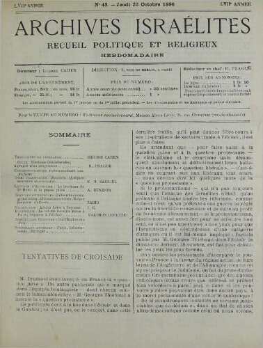 Archives israélites de France. Vol.57 N°43 (22 oct. 1896)