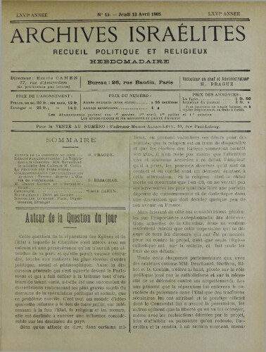 Archives israélites de France. vol.66 N°15 (13 avr. 1905)