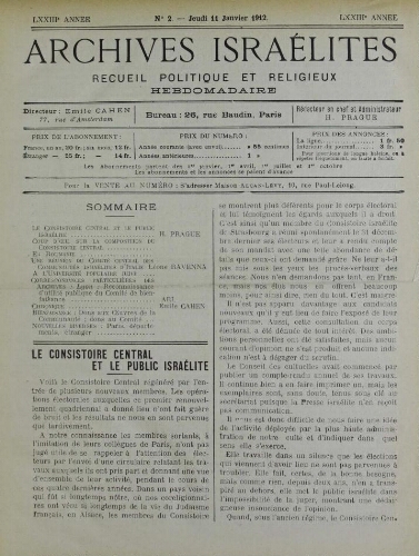 Archives israélites de France. Vol.73 N°02 (11 janv. 1912)