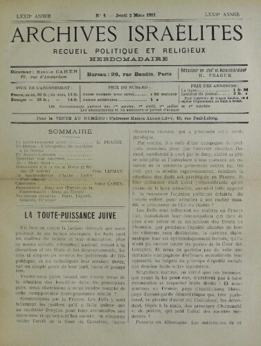 Archives israélites de France. Vol.72 N°09 (02 mars 1911)