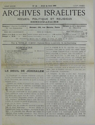 Archives israélites de France. Vol.71 N°32 (11 août 1910)