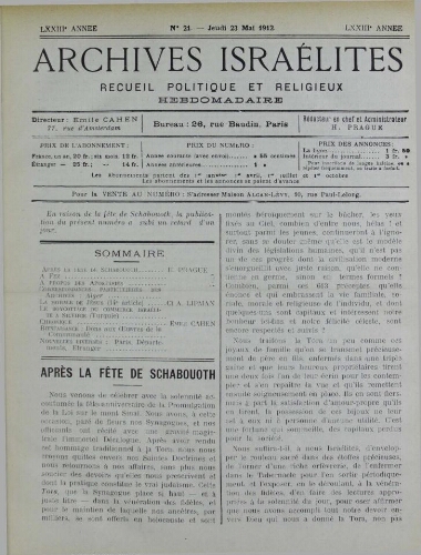 Archives israélites de France. Vol.73 N°21 (23 mai 1912)