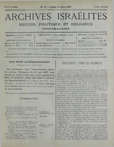 Archives israélites de France. Vol.58 N°23 (10 juin 1897)