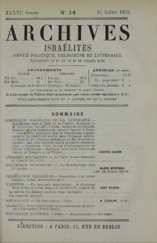 Archives israélites de France. Vol.36 N°14 (15 juil. 1875)