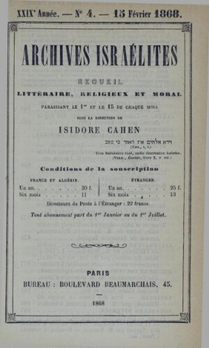 Archives israélites de France. Vol.29 N°04 (15 févr. 1868)