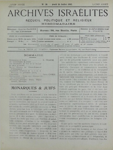 Archives israélites de France. Vol.73 N°30 (25 juil. 1912)