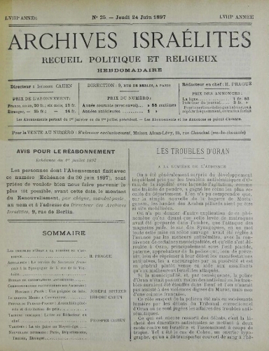 Archives israélites de France. Vol.58 N°25 (24 juin 1897)