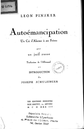 Autoémancipation : un cri d'alarme à ses frères par un Juif russe