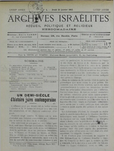 Archives israélites de France. Vol.73 N°04 (25 janv. 1912)