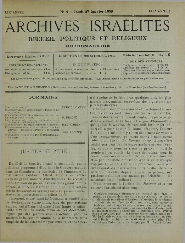 Archives israélites de France. Vol.59 N°04 (27 janv. 1898)