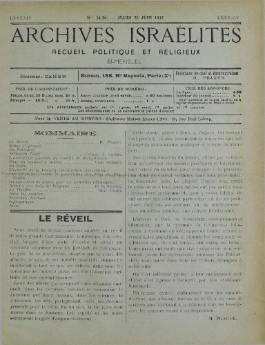 Archives israélites de France. Vol.94 N°24-25 (22 juin 1933)