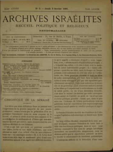 Archives israélites de France. Vol.42 N°05 (03 févr. 1881)
