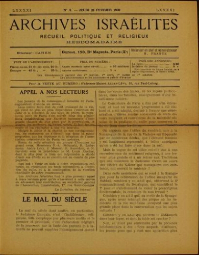Archives israélites de France. Vol.91 N°08 (20 févr. 1930)
