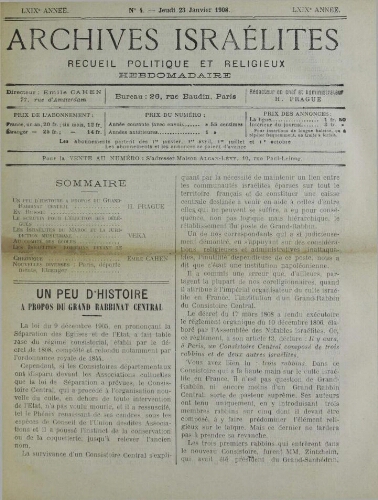 Archives israélites de France. Vol.69 N°04 (23 janv. 1908)