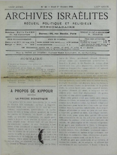 Archives israélites de France. Vol.69 N°40 (01 oct. 1908)