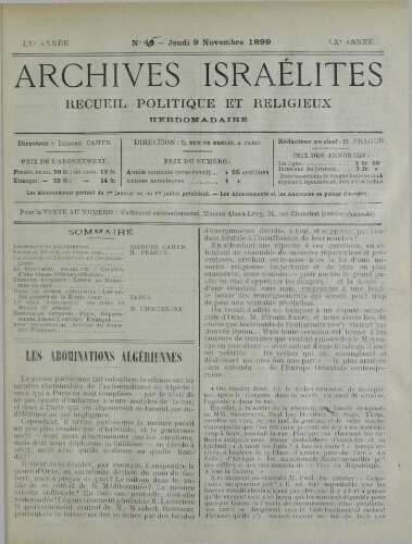 Archives israélites de France. Vol.60 N°45 (09 nov. 1899)